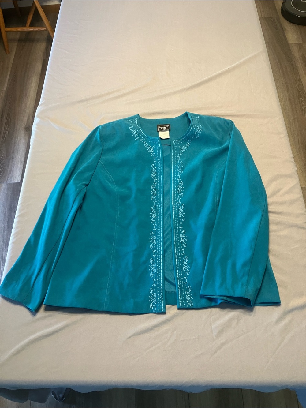 Southern Lady Teal Embroidered Open-Front Suit Jacket